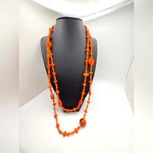 Long Chunky Orange Coral Beaded Necklace 54" Signed